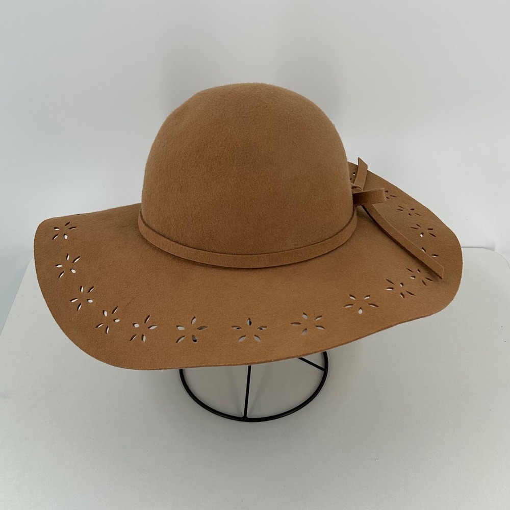 100% Wool Floppy Hat Camel Tan Floral Cutout Brim M/L‎ Boho Western Cottagecore